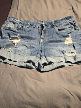 Dollhouse Light Blue Distressed Rolled Hem Denim Shorts